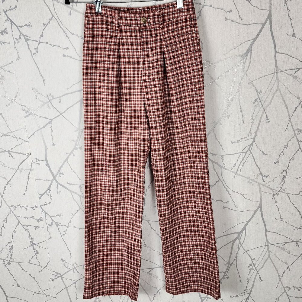 Abercrombie Orange Plaid Checks High Rise Pleated Front Wide Leg Pants